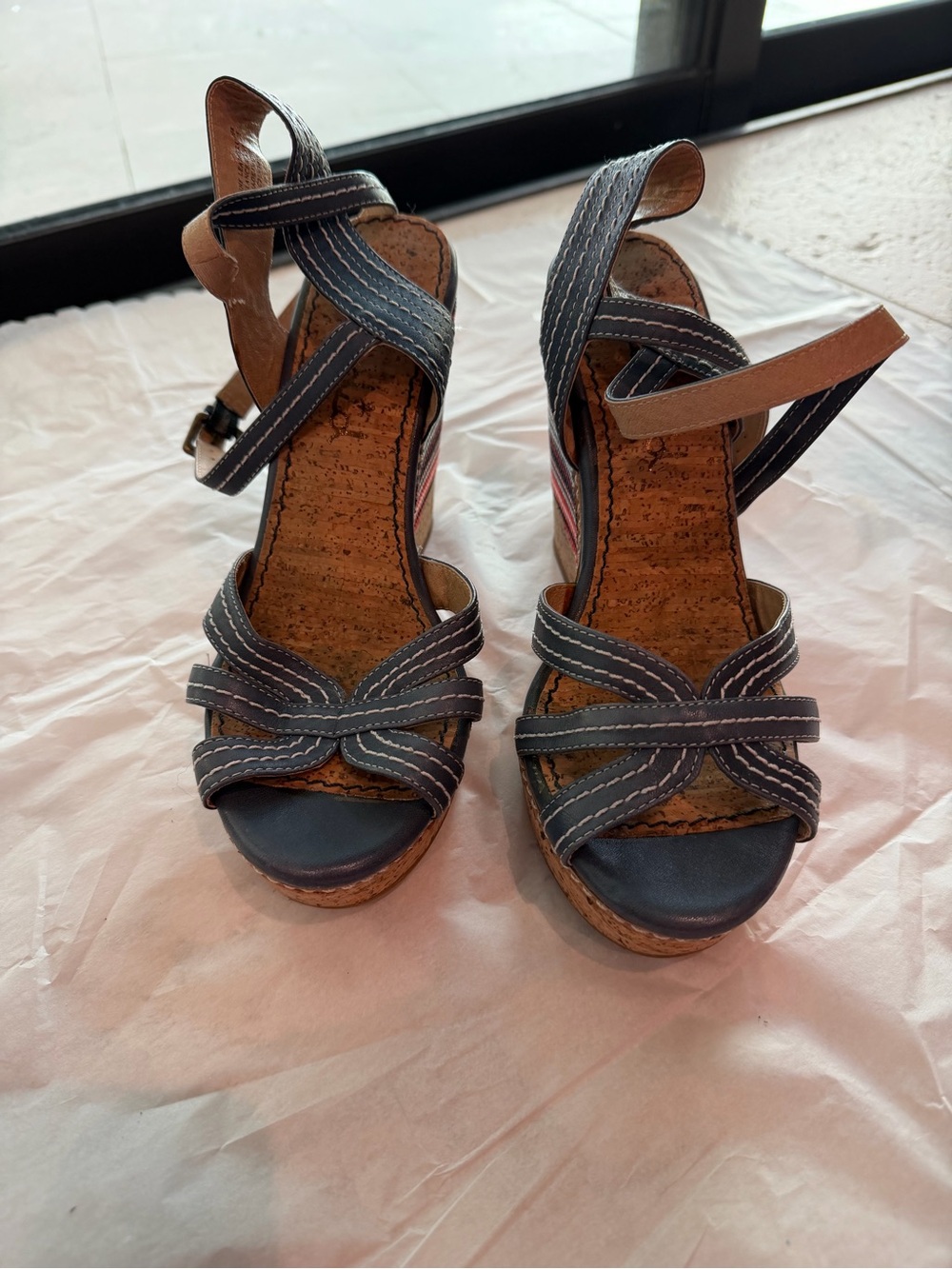 Splendid Kayla Women’s Navy Denim Blue  Wedge Sandals - Strappy Ankle Strap 8